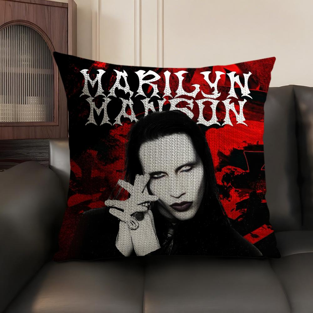 M-Marilyn Manson Rock Cushion Cover Natural Linen Organic Fabric Double-Sided Printing Sofa Home Decor Gift Pillow Case