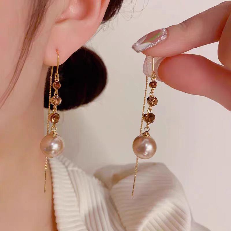 Crystal-Inlaid Purple Pearl Long Earrings - Simple, Fashionable, Face-Slimming Accessories шампанского