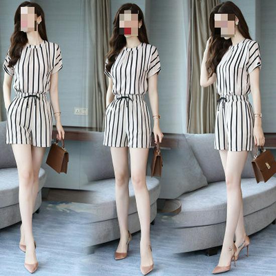 Summer 2026 Women's Striped Casual Two-Piece: Loose Short Sleeve Top & Shorts