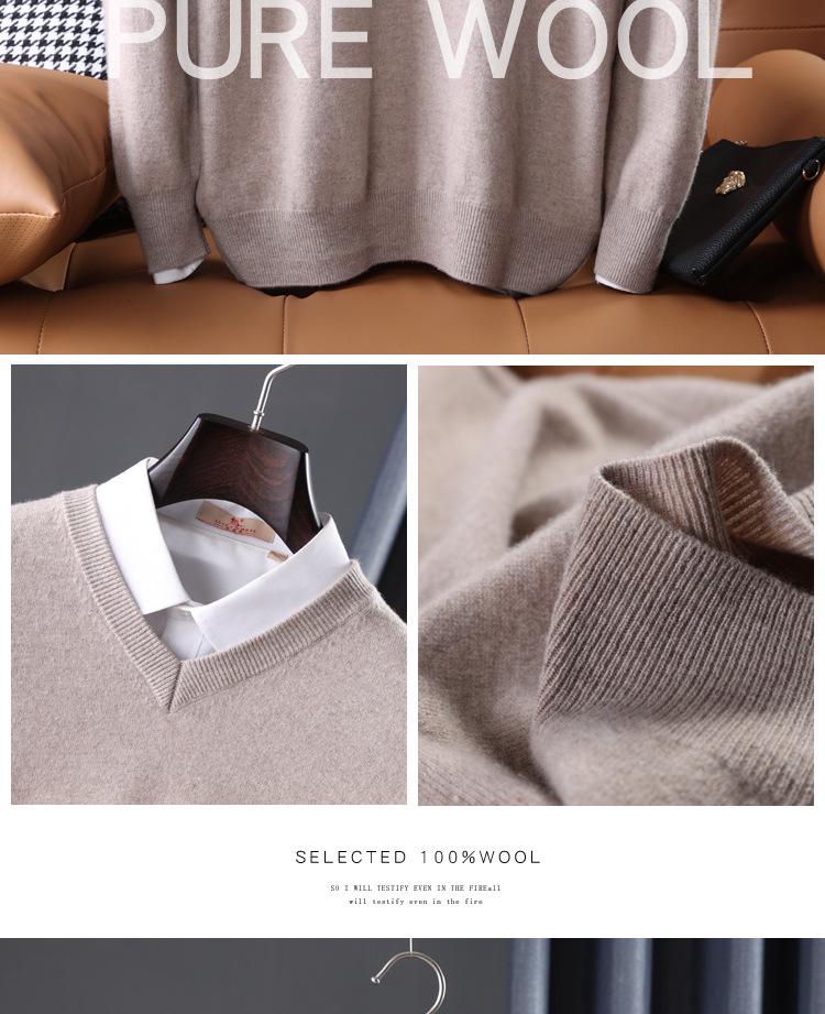 Men's Casual Autumn & Winter 100% Pure Wool V-Neck Loose Knit Sweater