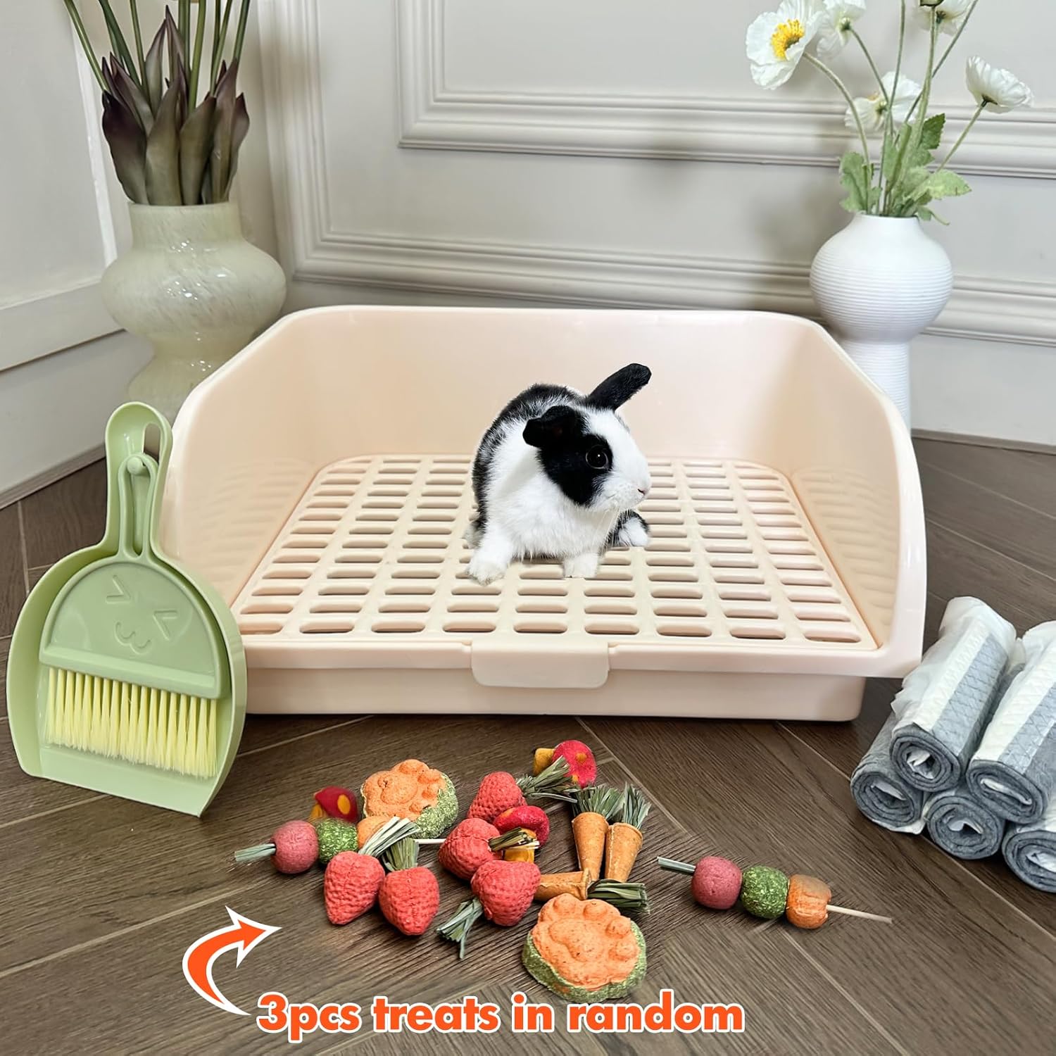 

Rabbit Litter Box with Grate, Large Potty Tray for Bunny, Ferret, Guinea Pig, Chinchilla - Easy Clean Cream United States