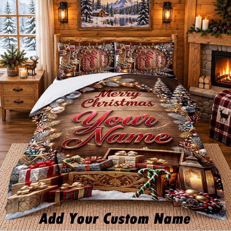 Christmas Custom Name Pattern Bedding 3Pcs Set Bed Sheet Pillowcases Indoor Bedroom Holiday Gift