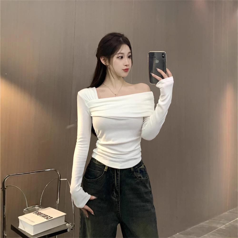 Pure Desire Asymmetrical One-Shoulder Top - Women's 2025 Winter Korean Style, Slim Fit Long Sleeve T-shirt