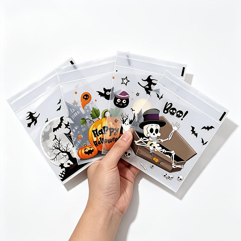 100 ks malých halloweenských sáčků na sladkosti, průhledné samolepicí sáčky na bonbony, plastové sáčky na sušenky pro Trick or Treat, halloweenské sáčky na drobnosti