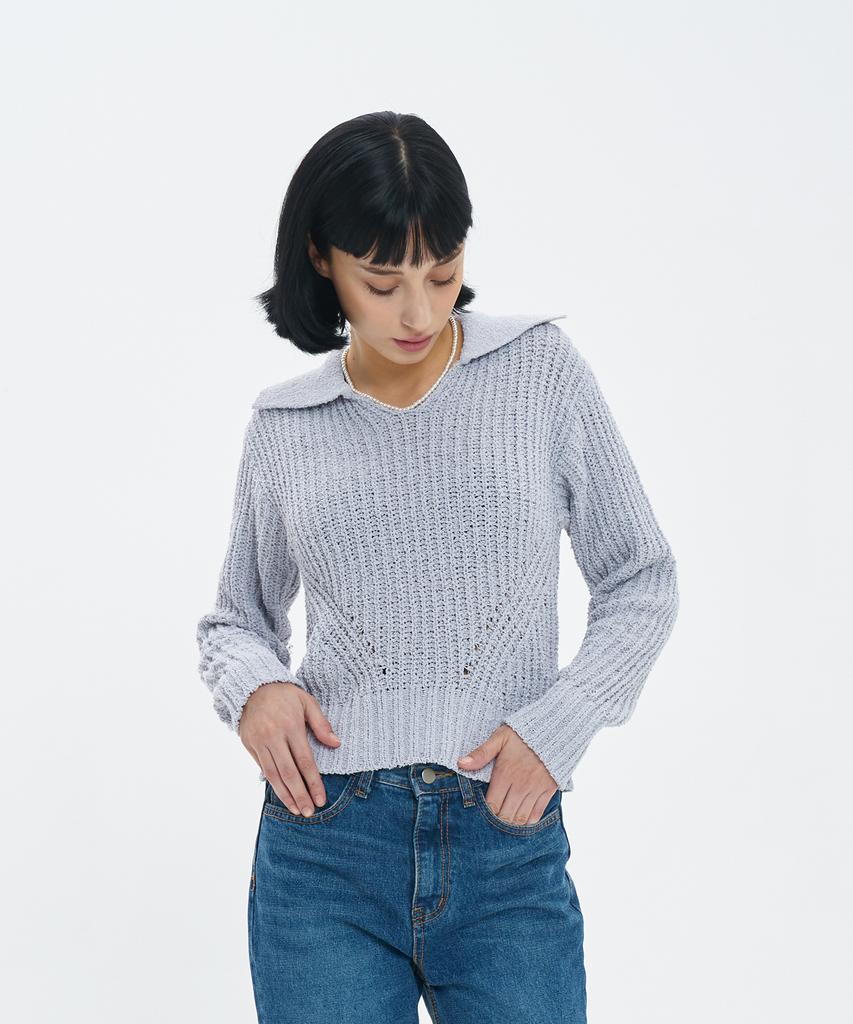 BLOND9 Volume Open Collar Boucle Knit_Gray