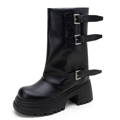 Botas de Mujer de Lujo a Media Pantorrilla Punta Redonda Tacones Gruesos 7.5cm Plataforma Slip-on Hebillas Cinturón Tallas Grandes 43 44 45 Retro Bota