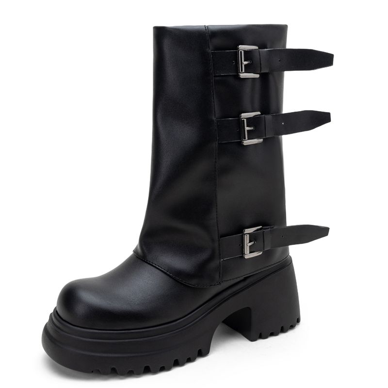 

Роскошные женские полусапоги до середины икры, круглый носок, толстый каблук 7,5 см, платформа, слипоны, ремешки с пряжками, большие размеры 43 44 45, ретро боты 35