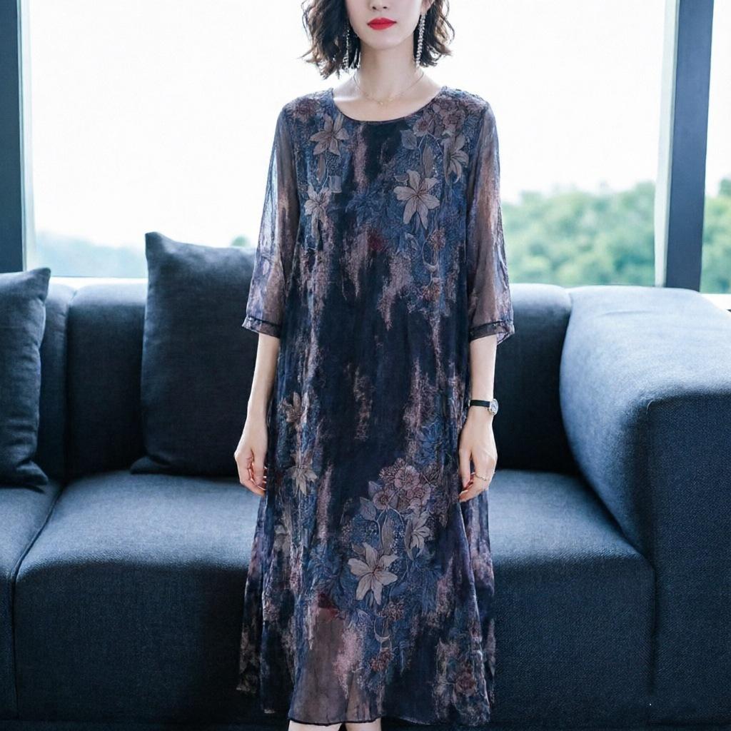 Middle-aged mother mesh dress 2026 summer new large-size women's clothing medium and long loose belly covering and thin skirt