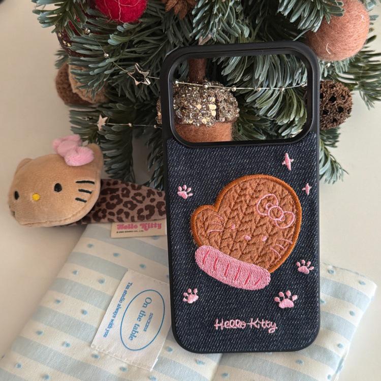 Embroidered Christmas Tree & Snowman Denim Phone Case for iPhone 16/17 Pro Max