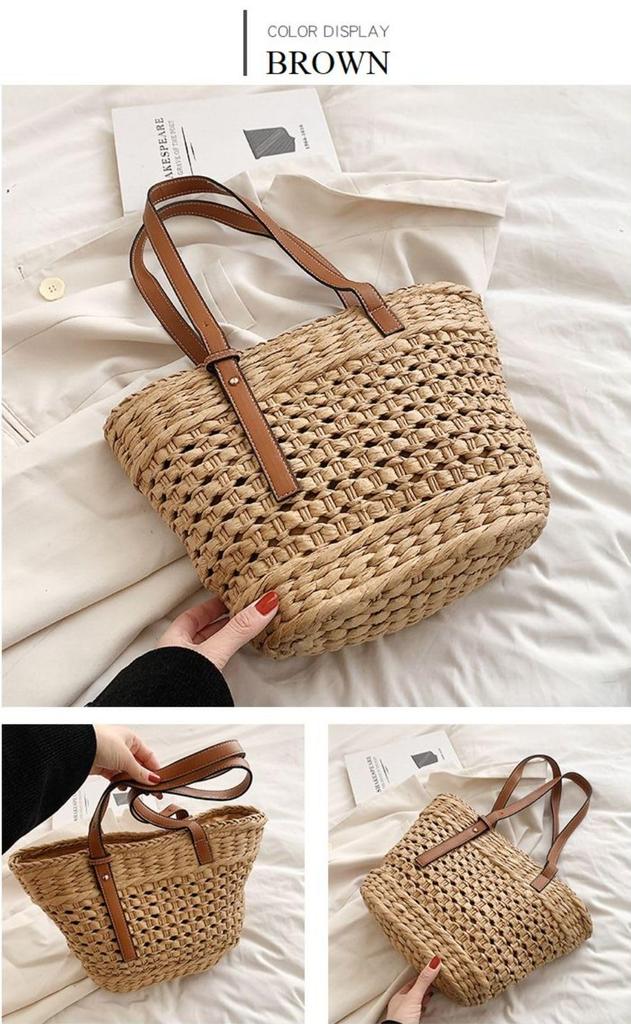 Magno Straw-Woven Tote Bag, Straw Bag, Women's Shoulder Tote Bag, Popular, Cute, Stylish, Stylish, Trendy, Korean, Plus Sizes, Simple, Casual (Beige)
