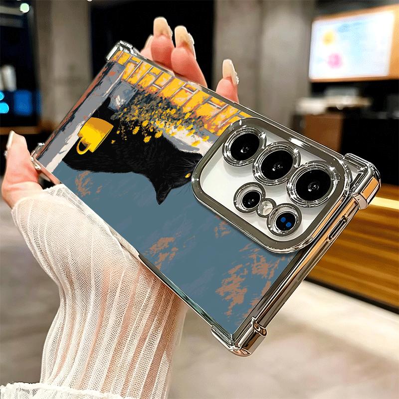 Black Cat Aesthetic Pattern Plating Phone Case For Samsung Galaxy S24 S25 FE S26 Edge S23 Ultra S22 S21 Plus S20 Anti-Fall Airab