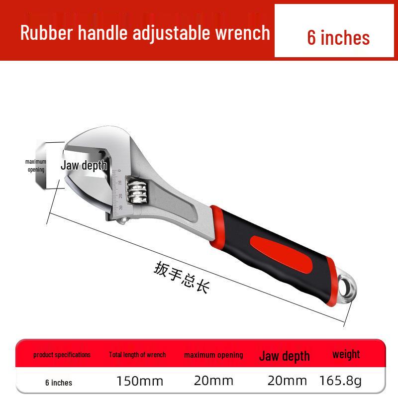 Rubber-coated adjustable wrench for auto repair, vehicle maintenance, and household use with open-end plastic handle.