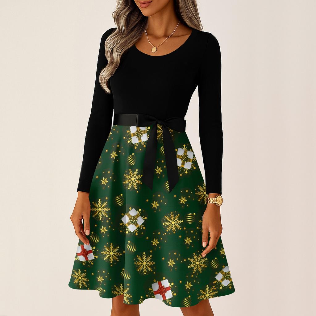 Kvinners avslappet mote langermet julegrafisk trykt vintage lange kjoler