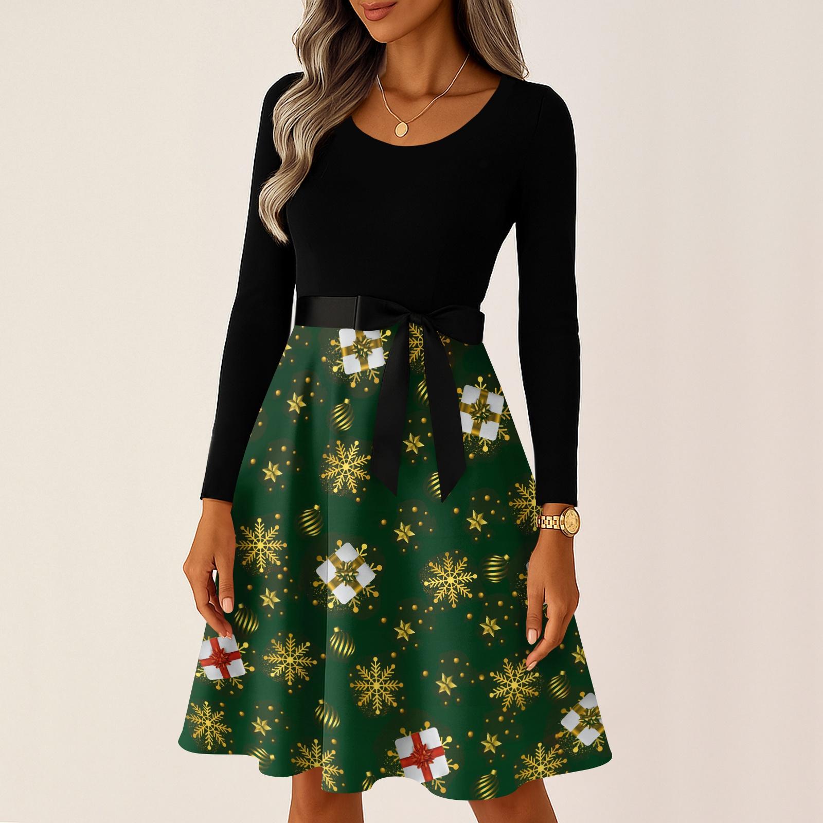 

Женские повседневные модные длинные платья с рождественским графическим принтом и длинными рукавами в винтажном стиле L армия зеленый