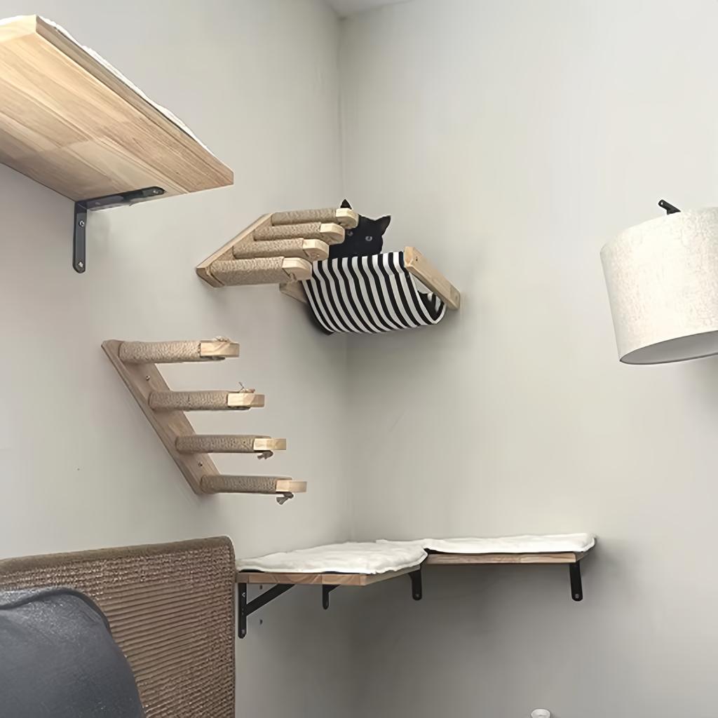 Solid Wood Wall-mounted Cat Tree Sisal Ladder  Cat Hammock Scratching Post. Suitable for Cats To Play and Rest.