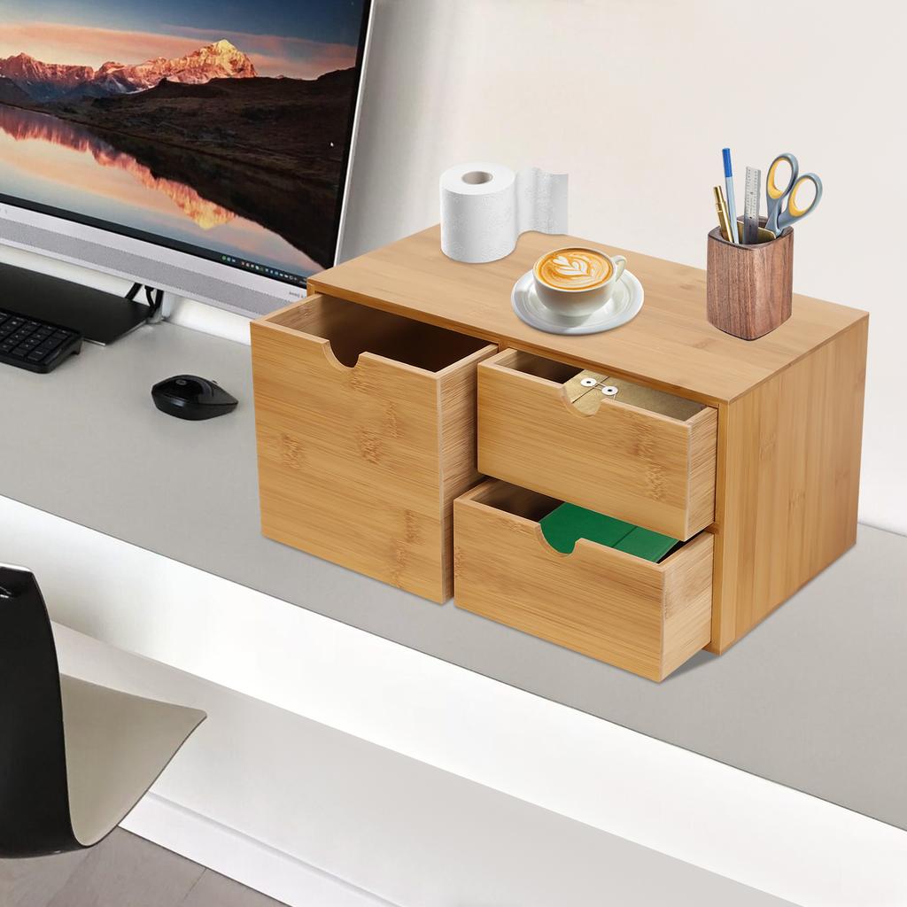 Bamboo Desk Drawer Organizer Tabletop Storage Cabinet Corner Desk Organizer W/3 Drawers for Home Office Supplies,33*19*16cm