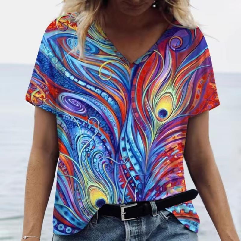 Summer V Neck Women T-Shirts 3D Print Peacock Feather Graphic Fashion Short Sleeve Harajuku Y2k Top Oversized Casual Female T Shirt