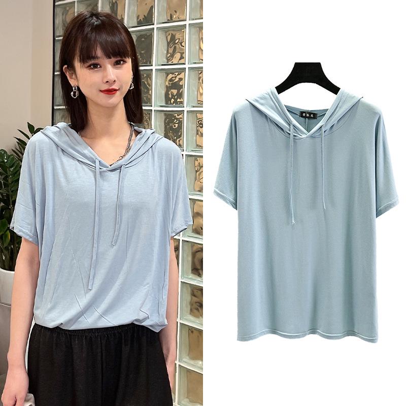 T-shirt à capuche manches courtes en modal pour femme Printemps/Été - Haut de base léger coupe ample
