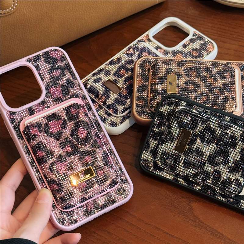 Luxury Rhinestone Phone Case For iPhone17Air 13 14 15 16 Pro Max Glitter Crystalline For Magsafe Card Holder Shockproof Protect Leopard Cover