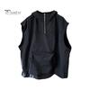 Men Summer Vest Hooded Zipper Half Placket Sleeveless Hip Hop Style Vest Jacket Solid Color Quick-Drying Large Pockets Waistcoat