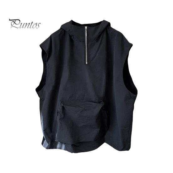 Men Summer Vest Hooded Zipper Half Placket Sleeveless Hip Hop Style Vest Jacket Solid Color Quick-Drying Large Pockets Waistcoat