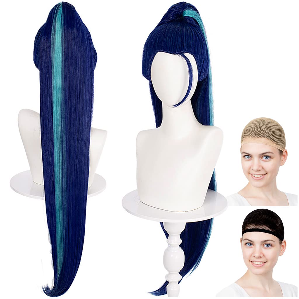 

CaseEden Cosplay Wig, Long Ponytail with Bun, Heat-Resistant, Dark Blue with Green Mesh, Set of 2 Wig Nets