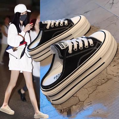 Baotou Half Slippers Women's Outer Wear 2025 New Women's Heelless Lazy Canvas Board Shoes Platform Casual Slippers Tide
