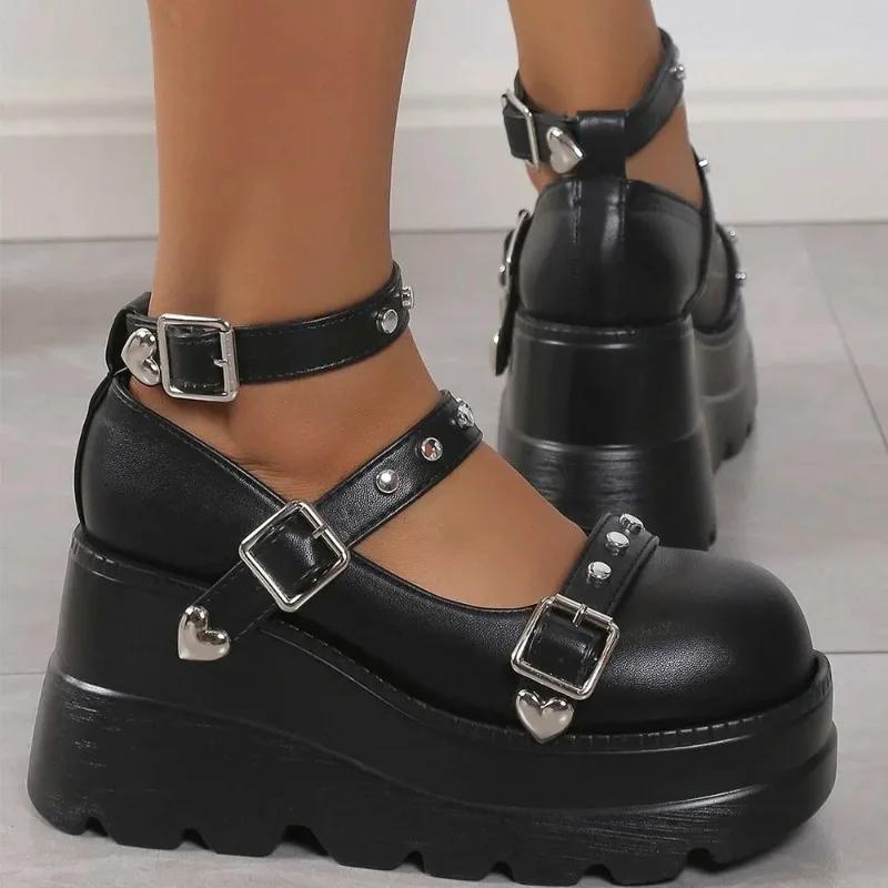 Womens Platform Shoes Punk Style Gothic Shoes Wedge Heeled Single Oes Fashion Leather Casual Footwear Thick Sole Mary Jane Shoes