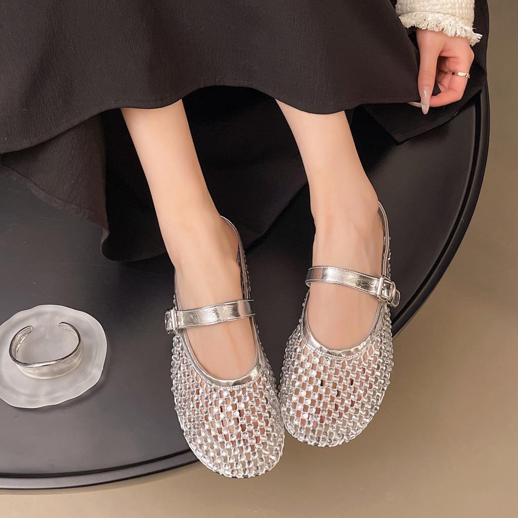 Sommer Strass Mary Jane Taschenkopf Hausschuhe Damen 2025 neue Sommerkleidung kleiner duftender Wind halbe Platte Einzelschuhe coole Hausschuhe