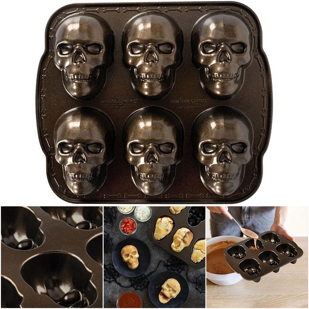 2PCS/1PC 6 Cavity 3D Skull Baking Cake Mold for Ice mold,Stainless Steel DIY Large Skull Cake Pan,Halloween Decor Birthday Party