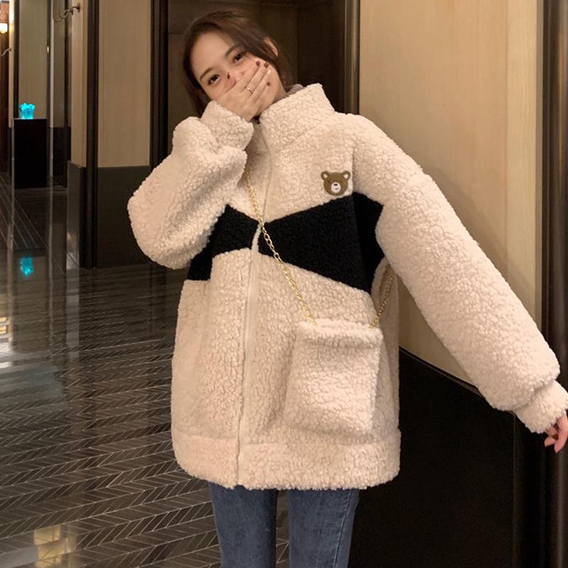 

Women s Trendy 2026 Lamb Plush Zipper Jacket: Autumn/Winter Plus Velvet Loose Korean-Style Sweater M белый