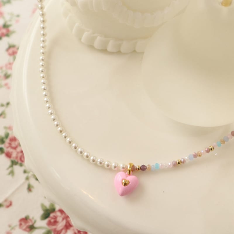 VINTAGEPINK Pink Heart Volume Heart Pink Pub Bead Necklace
