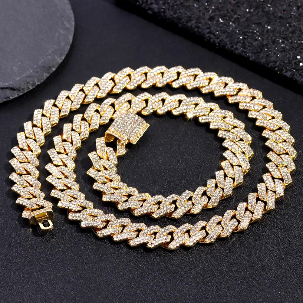 16/18/20/22/24inch Gold Color Cuban Link Chain for Women Men 2 Row Rhinestone Rhombus Prong Cuban Necklaces Hip Hop Jewelry