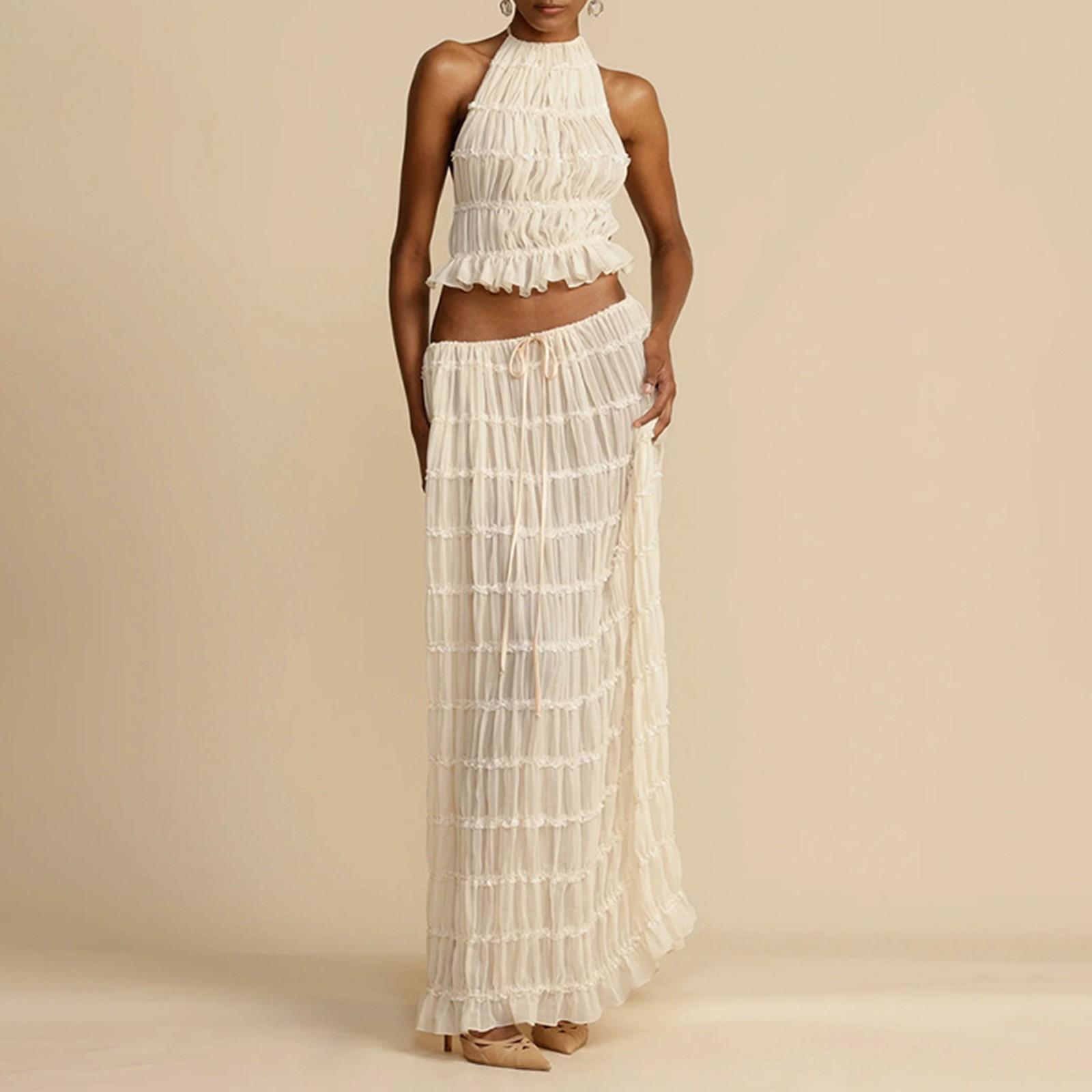 

Женский легкий дышащий цветной сексуальный топ с кружевной спиной и юбка, комплект из двух предметов, свободный, для морского отдыха M хаки