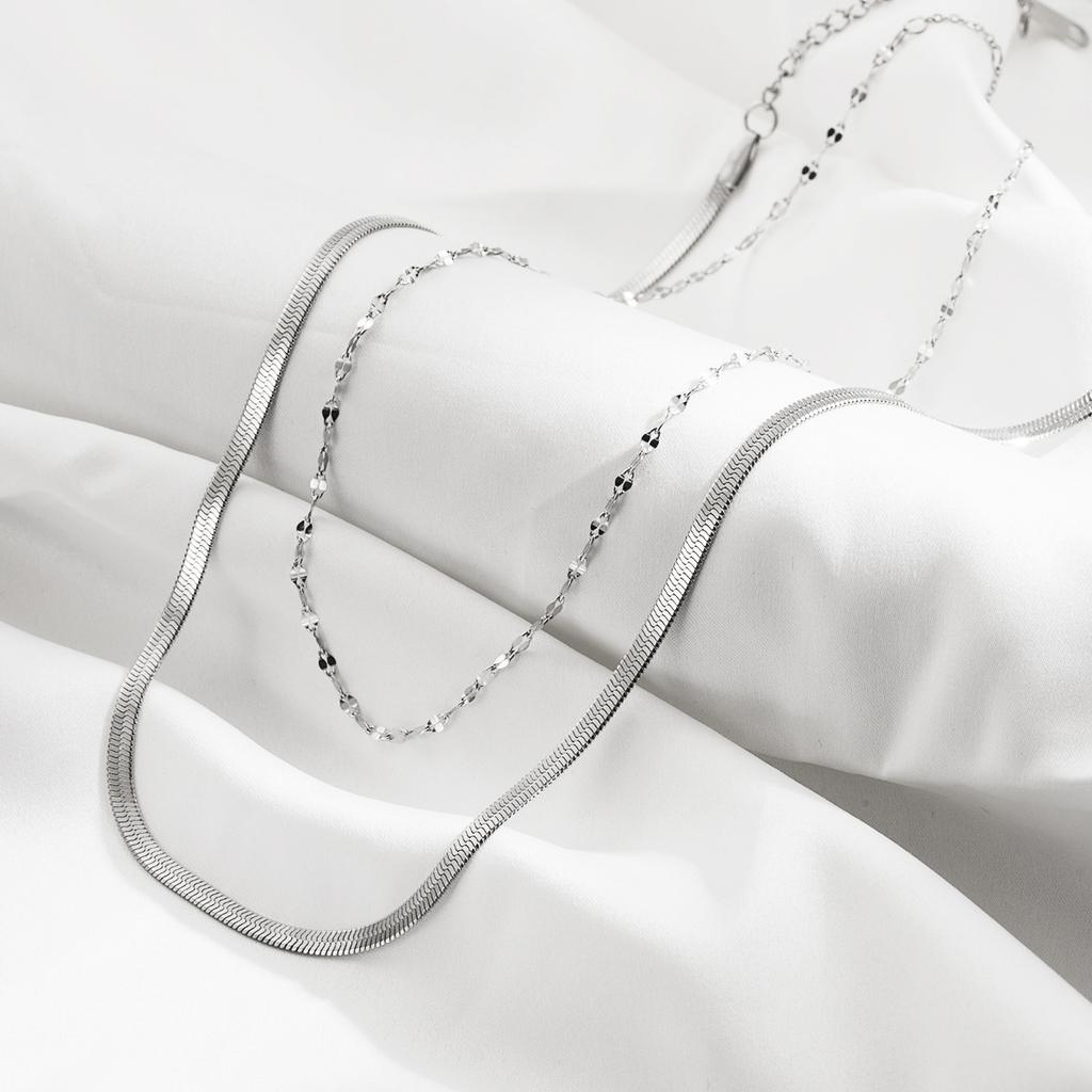 Women Ins Fashion Layered Stainless Steel Choker Color Retaining Simple Flat Snake Chain Double Layer Necklace For Women