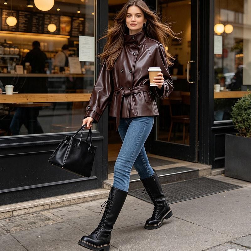 Womens PU Leather Trench Coat Loose Fit Elegant Casual Outerwear 2026