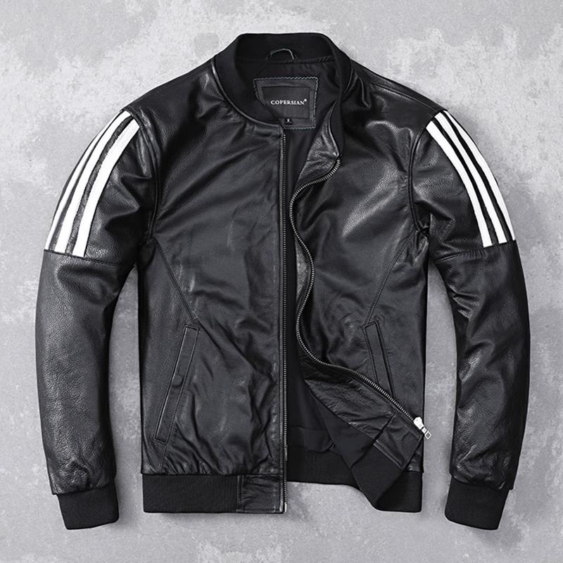 Embroidery Patches Baseball Jackets Genuine Cowhide Leather Jacket Men Motorcycle Biker Coats Autumn Mens Coat