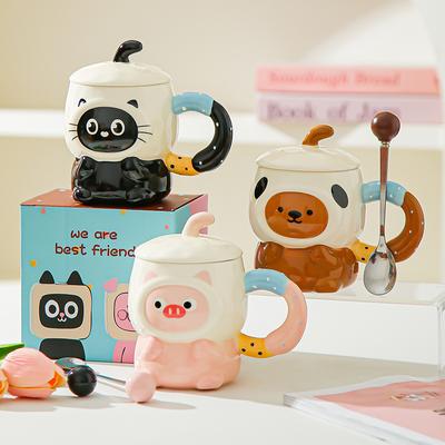 Tasse en céramique cochon de dessin animé mignon mignon avec couvercle pour l'anniversaire des filles, les petites amies, souvenir pratique, coffret cadeau