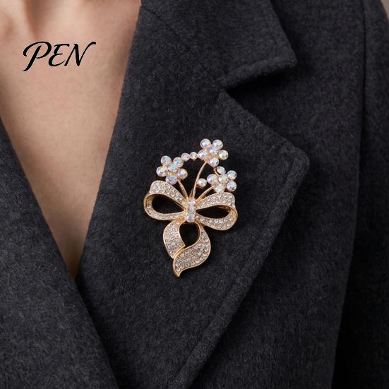 Women Dainty Jewelry Rhinstone Flower Bow Brooch Pin, Hollow Floral Bowknot Retro Alloy for Girls, Decorative Accessory Clothing Bags Scarves Pin