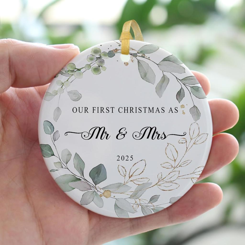 Our First Christmas Married Ornament 2025,Wedding Gifts for Couples Unique Decoration,First Year Newlywed Mr and Mrs Hanging 2.9" Ceramic Round