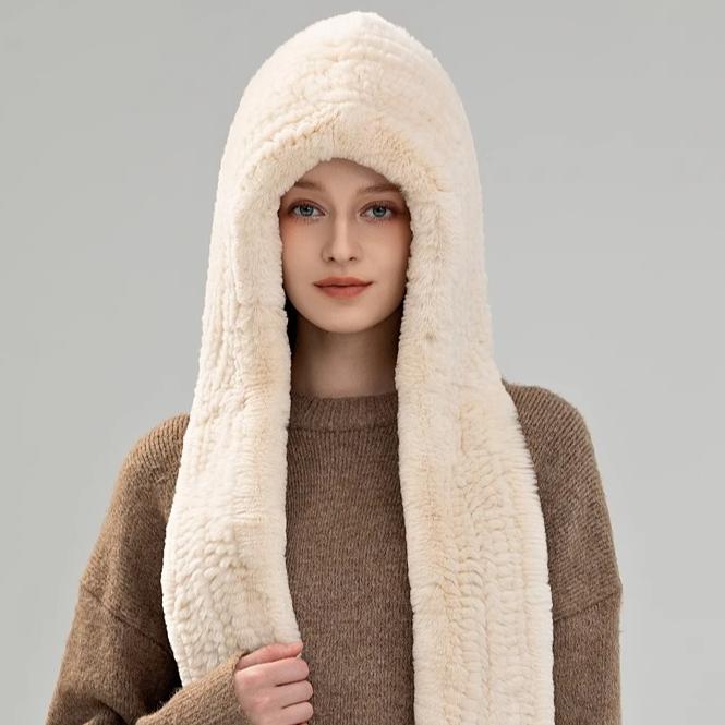 Rex Rabbit Fur Hat Scarf Integrated Snow Cap Winter Warm Ear Protection Shawl Windproof Cap Outdoor Men's and Women's