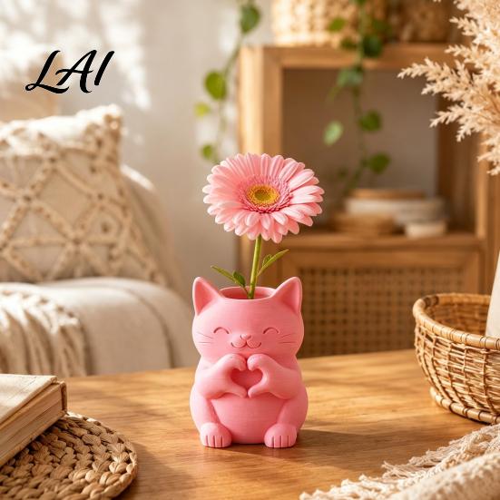 Small Animal Succulent Planter 3D Printed Cat Vase Cute Smiling with Heart‑Hand Gesture Flower Holder Whimsical Studio Display Props Shaped