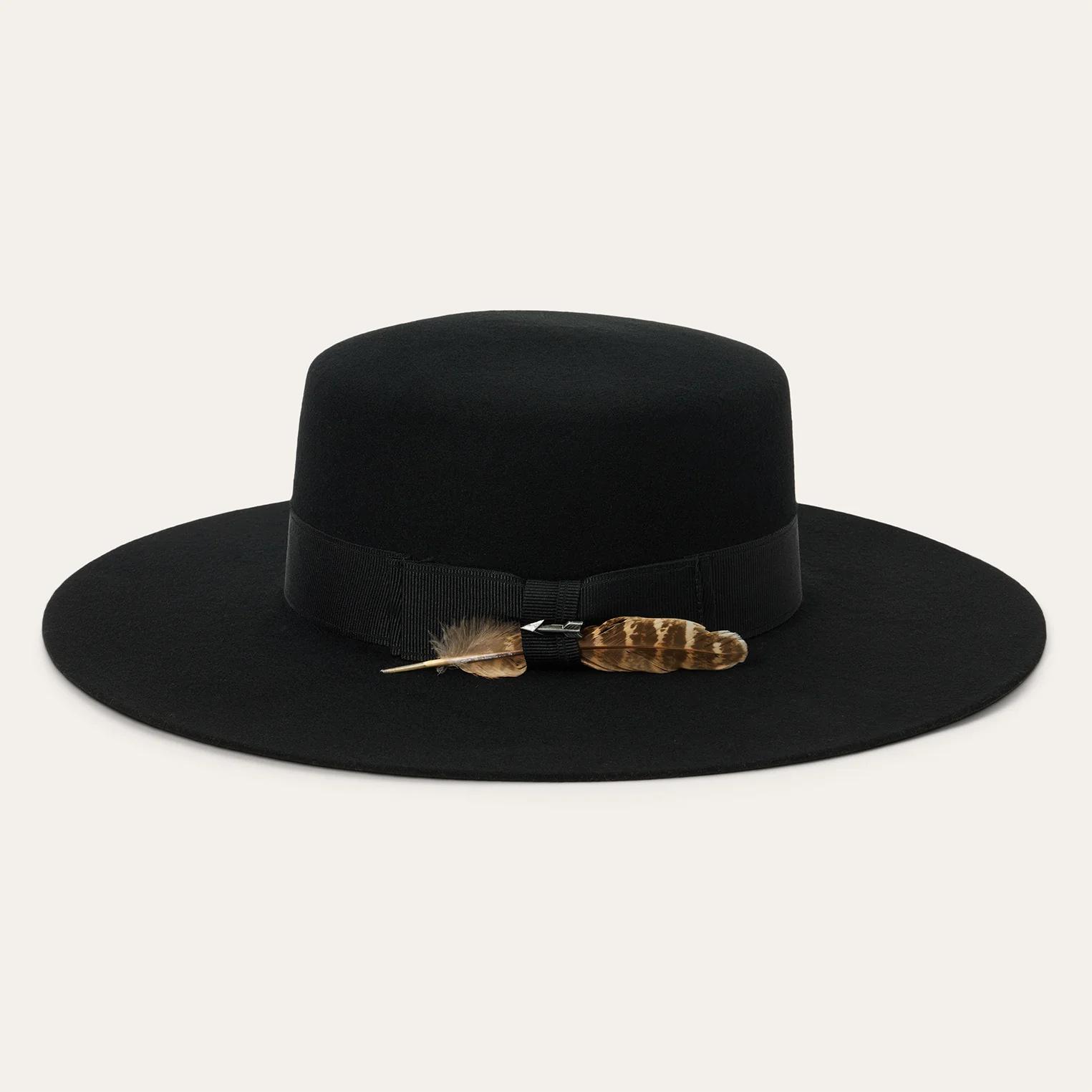 

Direct Selling Vintage British Wool Flat Top Top Top Top Hat Ribbon Feather Decoration L（58-60cm） чорний