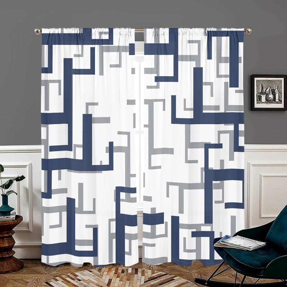 2 pieces, blue white gray grid geometric curtains - suitable for living room, bedroom and home decoration - add decorative fun.