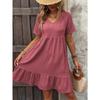 Women's Dress Summer Short Sleeve V Neck Loose Casual A Line Beach Vacation Dress Women Fashion Elegant Pleated Solid Color Ladies Bohemian Dresses
