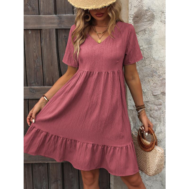 Women's Dress Summer Short Sleeve V Neck Loose Casual A Line Beach Vacation Dress Women Fashion Elegant Pleated Solid Color Ladies Bohemian Dresses