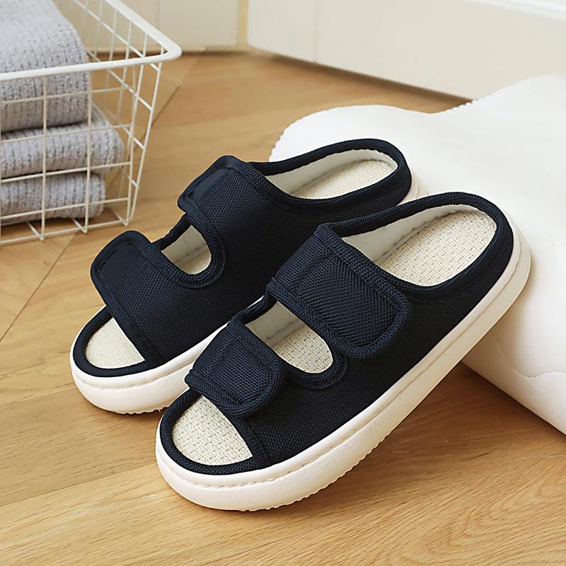 Pánské a dámské prodyšné letní pantofle z lnu absorbující pot, protiskluzové a snadno nazouvatelné a zouvatelné otevřené sandály na suchý zip pro domácí nošení