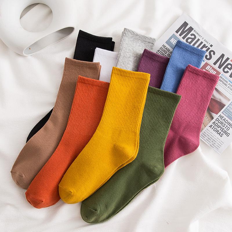 Women's Mid-Calf Cotton Socks - Solid Color, High Elasticity, Versatile Bubble Style for Autumn and Winter.