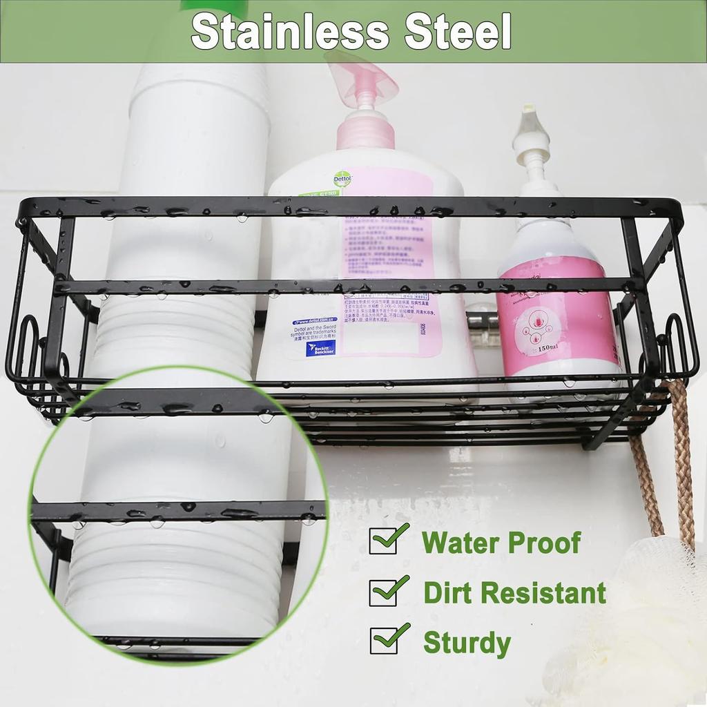 2 Pack Adhesive Shower Caddy Shelf with 14 Hooks, Stainless Steel Shower Organizer with Soap Holder,No Drilling Shower Rack Shower