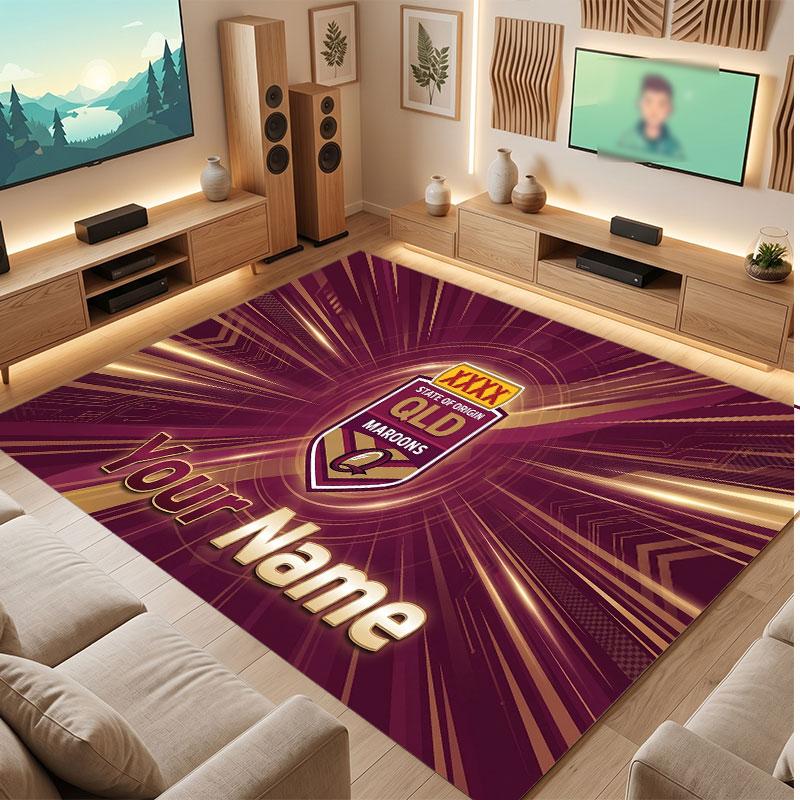 Tappeto in Cristallo Vellutato Personalizzato Queensland Maroons, Tappeto Morbido Antiscivolo con Testo Nome Personalizzato per Soggiorno Camera da Letto